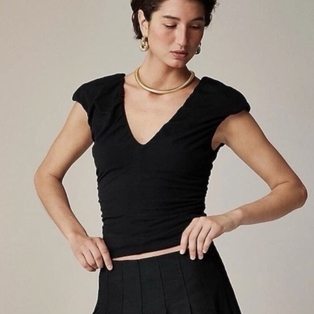J. Crew Ruched V Neck Top Shirt Stretch Cotton Blend Black Medium NWT